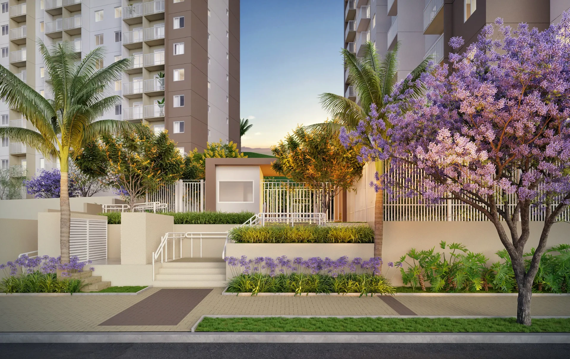 Fachada do Residencial Butantã com paisagismo florido